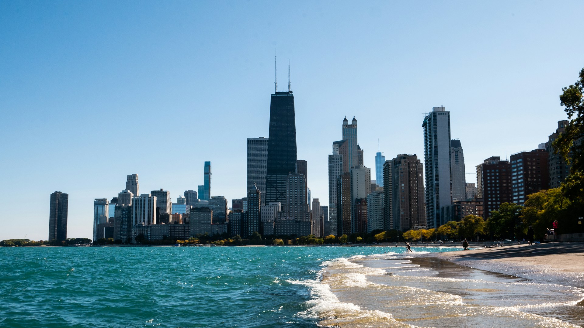 Chicago skyline with lake in the foreground